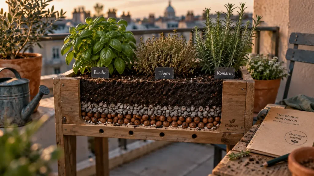 Une jardinière pour plantes aromatiques réussie commence par 20 cm de profondeur et un bon drainage