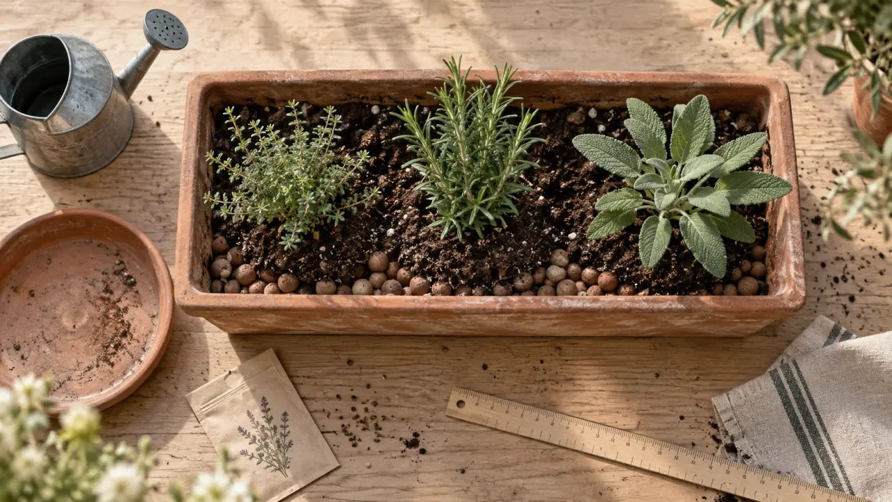 Jardinières plantes aromatiques : billes d’argile et terreau drainant sous racines
