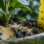 Mouches dans les plantes vertes : moucherons sur piège collant jaune