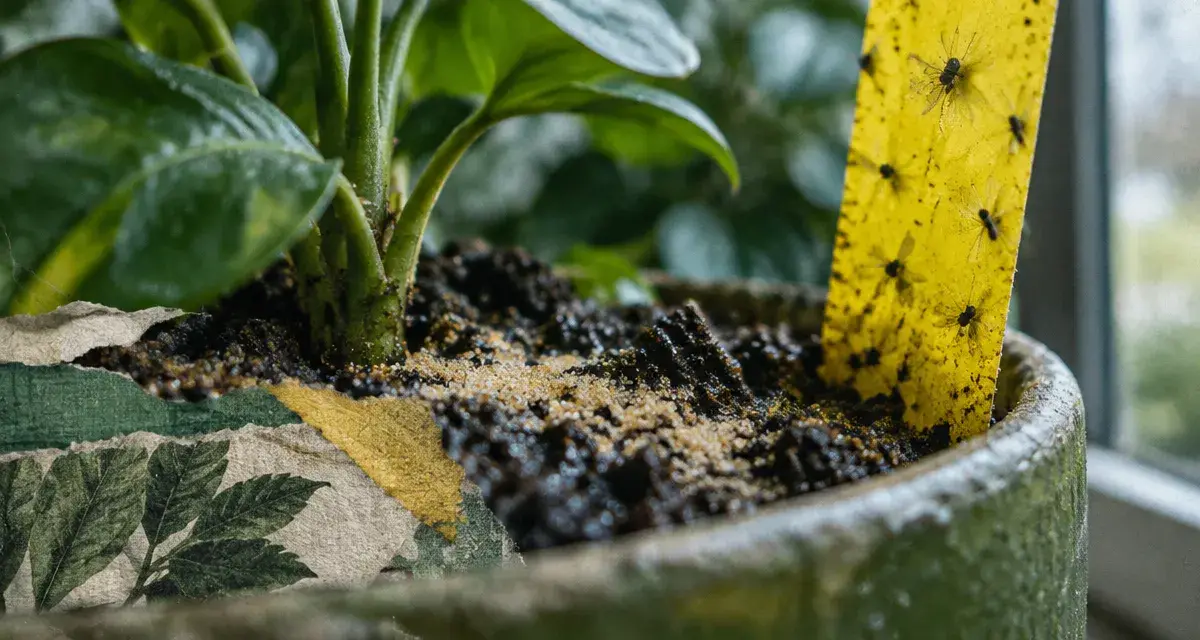 Mouches dans les plantes vertes : moucherons sur piège collant jaune