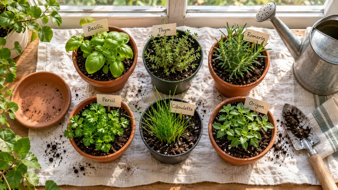 Plantes aromatiques dans la cuisine : basilic, thym, romarin et persil en pots