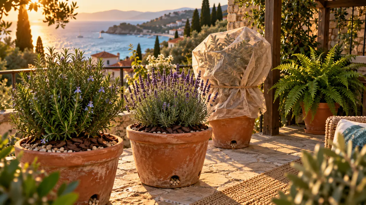 Plantes vertes exterieures : romarin, lavande et fougère en pots sur terrasse