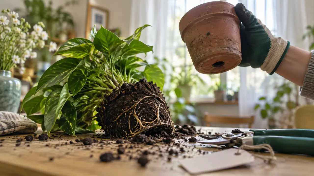 Quand rempoter les plantes vertes d’intérieur : main tient pot terre cuite après rempotage