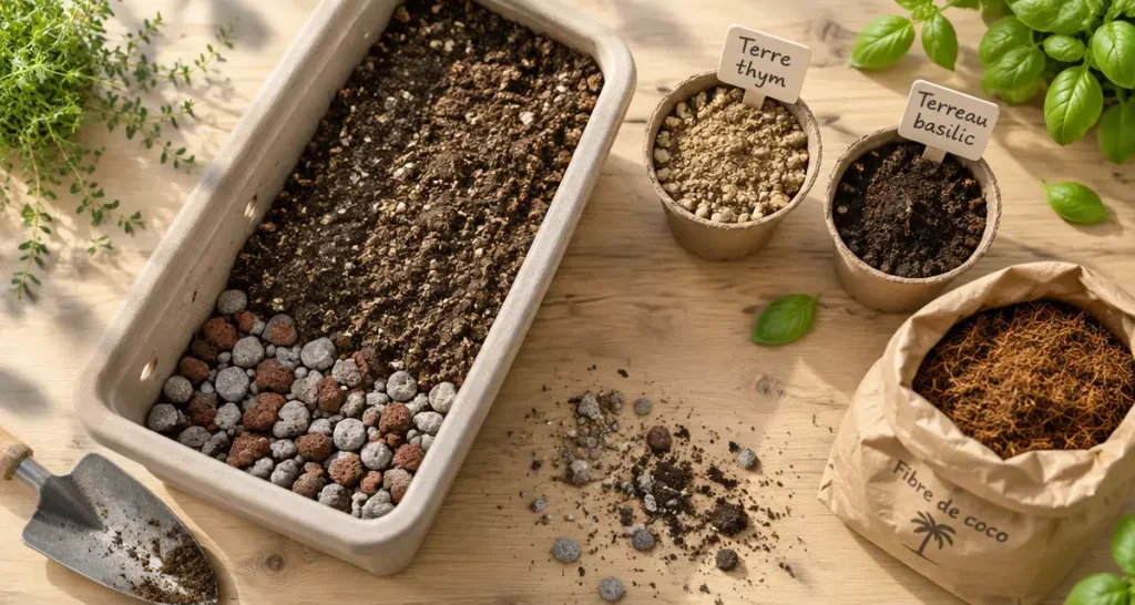 La terre pour plantes aromatiques dépend du drainage et de la fraîcheur