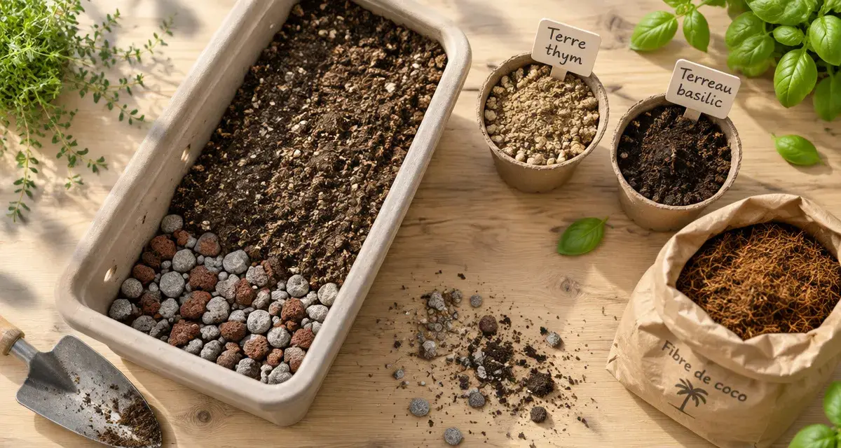 Terre pour plantes aromatiques : drainage pouzzolane et terre légère
